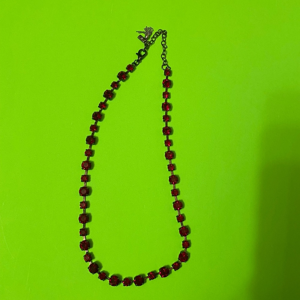 Unisex Dark Chain Ruby Colored Gemstones Necklace